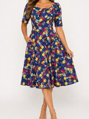 NEW Lularoe Nicole Yellow Blue Jewel Square Fit And Flare Dress Small